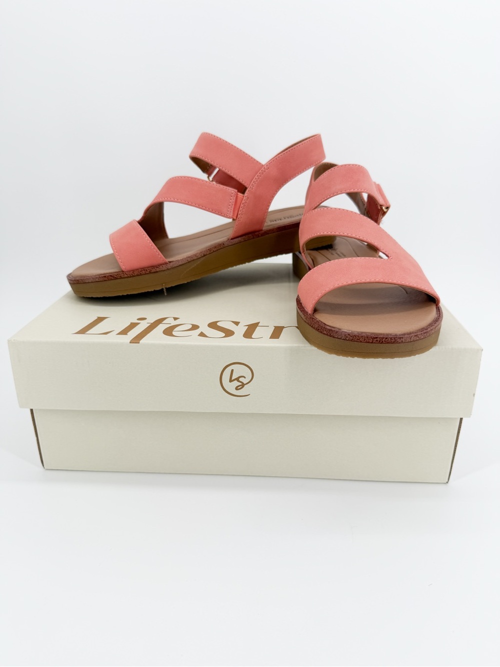 LifeStride Waverly Strappy Platform Sandals Hook & Loop Coral Pink 6W WIDE NEW - Picture 2 of 16
